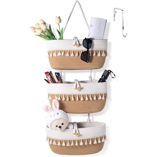 Over the Door Macrame Basket Cotton Rope Organizer,3 Tier Wall Hanging Storage Basket, 14.5"x7" Closet Organizing, Decorative Baskets for Organizing Living Room