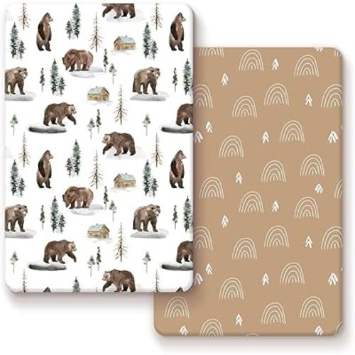 GRSSDER Stretchy Ultra Soft Jersey Knit Fitted Pack n Play Sheets Set 2 Pack, Neutral Portable/Mini Cribs Sheets, Fit Playpen Mattress Pads Safe and Snug, Jungle Bear/Rainbow for Baby