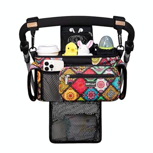 TOPDesign Universal Baby Stroller Organizer, Stroller Caddy with Detachable Mesh Bag & Heightened Insulated Cup Holders & Non-Slip Secure Hooks Accessories, Fits Most Strollers (Yoga)
