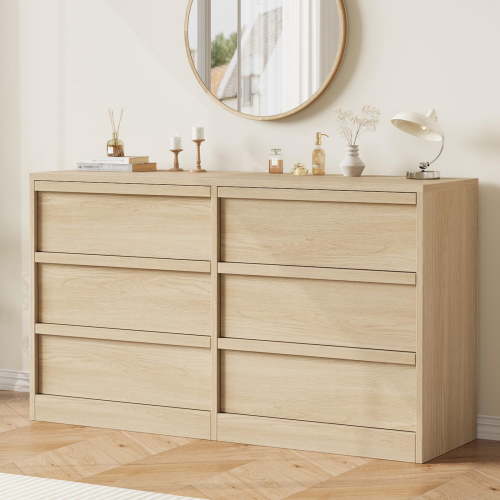 6 Drawer Dresser for Bedroom, 46.7" Wide Double Chest of Drawers with Large Storage, Modern Wood Dresser Organizer for Living Room, Nursery and Hallway, Natural Oak