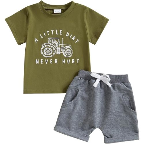 fhutpw Toddler Baby Boy Summer Clothes Tractor Letter Short Sleeve T-Shirt Tops Pockets Casual Shorts Set Infant Outfits