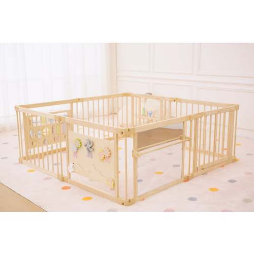 Wooden Baby Playpen with Mirror & Whiteboard Panel – Foldable 63" x 63" Montessori Sensory Play Yard