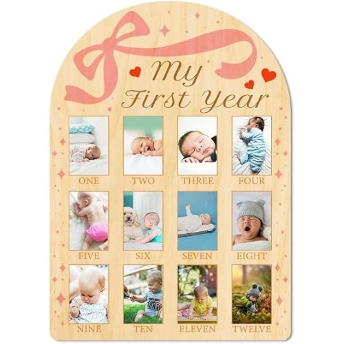 ORIGACH My First Year Baby Growth Photo Display Wood Board - 12 Months Newborn Milestones Photo Board - Neutral Baby Keepsake Frame 1st Birthday Party Nursery Decor New Mom Gift - Bow & Heart