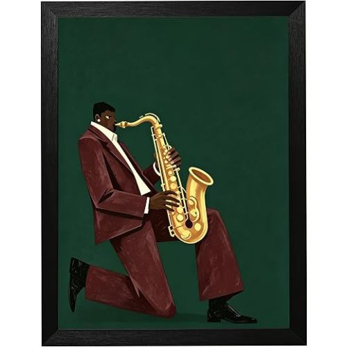 African American Wall Art Black Man Saxophone Jazz Framed Canvas 9x11 Inch