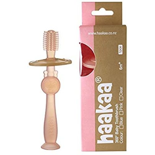 Haakaa 360° Baby Toothbrush with Suction Base Infant Silicone Toothbrush Teethers for Babies Teething Toys,1pc (Pink)