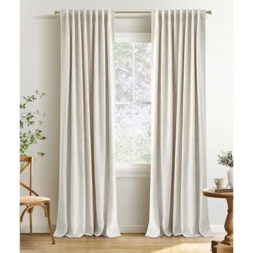INOVADAY 100% Blackout Curtains 84 Inches Length 2 Panels Set, Back Tab/Rod Pocket Linen Black Out Curtains for Bedroom, Thermal Insulated Window Drapes - Cream, W50 X L84