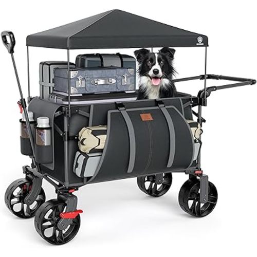EVER ADVANCED Folding Push Wagon with Canopy, Portable Shopping Cart with Brakes, Collapsible Wagon Cart with All-Terrain Big Wheels for Camping, Beach, Sports