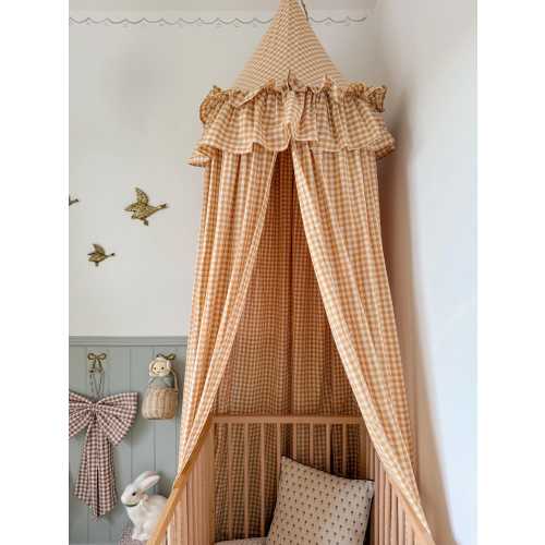 Gingham Bed Canopy: with Ruffle Frilly Fringe - Mustard Yellow - Checkered Cotton Canopy - Kids Decor