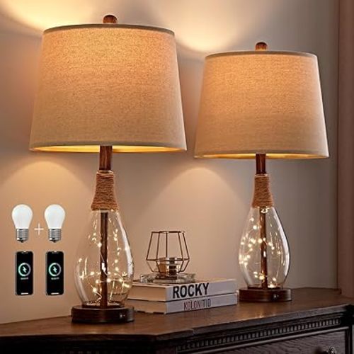 OYEARS Bedside Table Lamps Set of 2 with USB, Modern Bedside Lamps Retro Farmhouse Rattan Glass Nightstand Nightlight Lamps for Bedroom Living Room Dorm,Two Light Points
