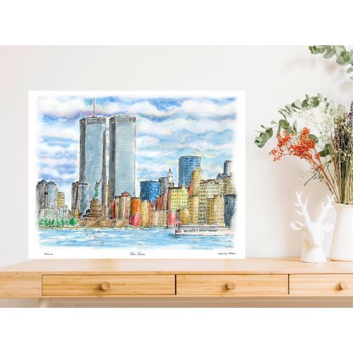 Twin Towers, world trade center, Twin tower old, colorful New York , Wall decor ,Inkpen, Print, Water color,awarded artist Meliksah Soyturk