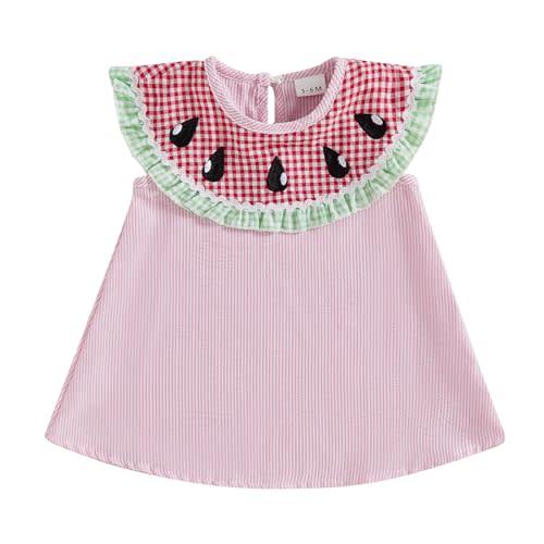 Filgriox Toddler Girl Summer Sleeveless Dress Watermelon Embroidery Peter Pan Collar Striped Print Tank Dresses for Kids