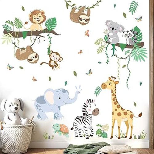 Baby Animals Wall Stickers for Nursery: Jungle Monkey Elephant Giraffe Lion Wall Decals - Kids Girls Boys Bedroom