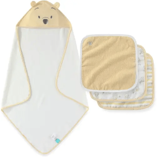Disney Baby Winnie The Pooh Unisex Hooded Baby-Bath Towel with 3 Washcloths Set for Newborn and Infants