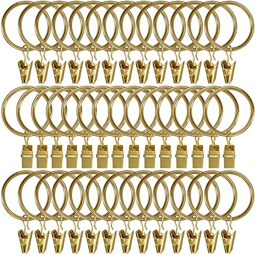 40 Pack Metal Curtain Rings with Clips, Curtain Clip Rings Hooks for Hanging Drapery Drapes Bows, Curtain Rod Rings 1.5 inch Interior Diameter, Gold