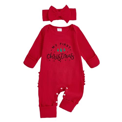 Adobabirl My First Christmas Baby Girl Outfit Newborn Onesie Embroidery Long Sleeve Romper Headband Fall Winter Clothes