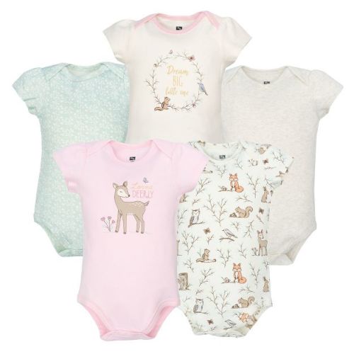 Hudson Baby Infant Girls Cotton Bodysuits 5-Pack, Enchanted Forest, 0-3 Months