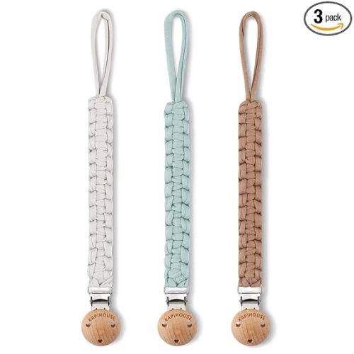 Kapihouse Pacifier Clip for boy 9.2 Inch Pacifier Leashes woodern Clips Teething Toy with Handmade Braided Cotton Modern Unisex Baby Shower Birthdays Christmas Set (3 Pack Boys)