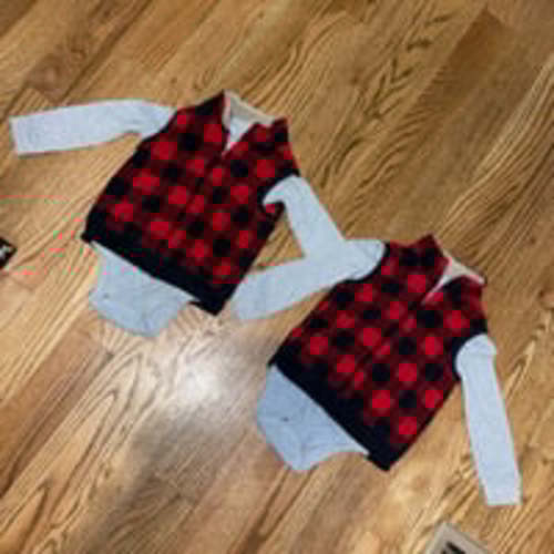 Twins set of 2 red & black plaid fleece vests with long sleeve gray onesies