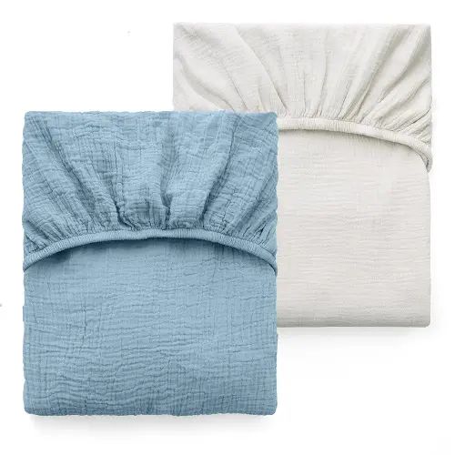 Momcozy Muslin Standard Fitted Crib Sheets, 52"x28", 2 Pack Soft Breathable Natural Cotton Baby Mattress Sheet, 360° Mattress Wrapping No Slip Boys Girls Neutral Toddler Bed Sheet, Sky Realm Blue Grey
