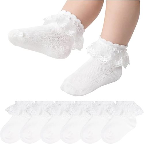 Topbuti 3 Pairs Toddler Ruffle Socks for Girls Eyelet Frilly Lace Dress Socks Crew Cotton Sock for Newborn Infant Baby Girls