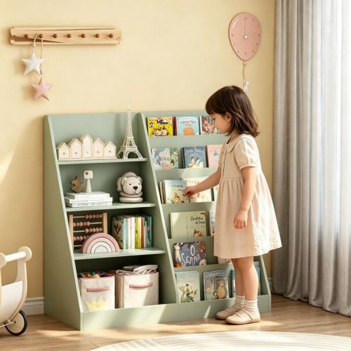Wood Kids Bookshelf Toddler Toy Storage Organizer Bookcase Display Stand for Kids Room, Playroom, Nursery, Sage - ModernLuxe