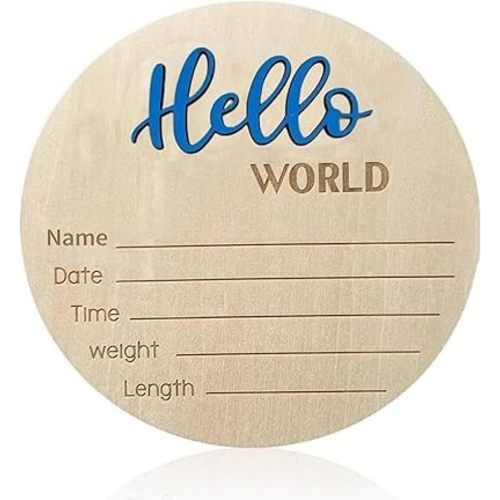 Baby Announcement Sign, 5.9 Inch Wooden Hello World Newborn Sign for Hospital, 3D Birth Announcement Board, Welcome Baby Name Signs for Nursery, Newborn Gift for Boy & Girl,Blue