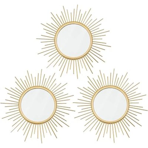 3 Pack Metal Mirrors for Wall Sunburst Wall Mirrors Home Décor Decorative Hanging Wall Art for Living Room Bedroom Entryway (Gold, Sunburst)