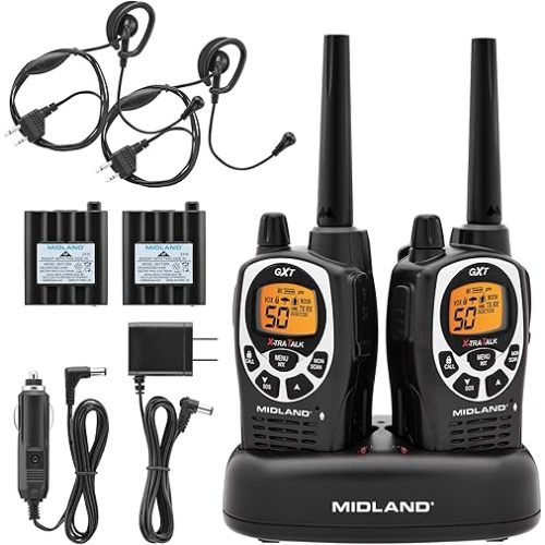 Midland GXT1000VP4 GMRS Two-Way Radio (50-Channel, Long Range, 142 Privacy Codes, SOS, NOAA, Rechargeable Nickle Battery, Black/Silver, 2-Pack)