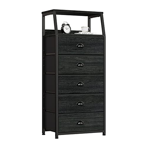 Black Dresser for Bedroom, Fabric Dorm Tall Nightstand | 5 Drawers Chests of drawers, Closet Organizer, Bedside Table Furniture for Living Room, Sturdy Steel Frame, Wood Top