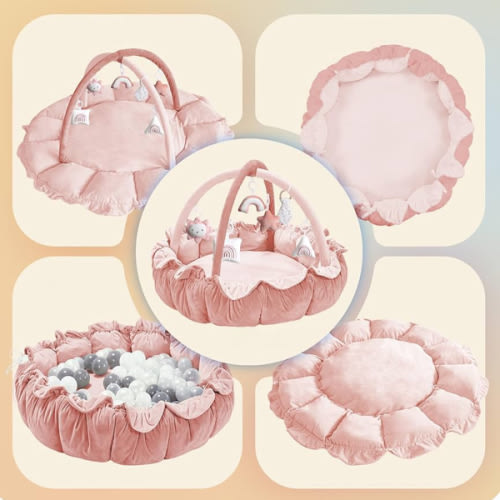 Mallify 5-in-1 Thick & Plush Baby Play Gym, Baby Play Mats for Floor, Tummy Time Mat with 6 Toys, Convertible Stage-Based Developmental from Babies to Toddlers, Ball Pit, Pink