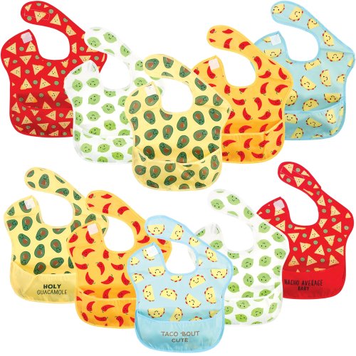 Hudson Baby Infant Waterproof Polyester Bibs 10pk, Tacos, Feeder - Tacos