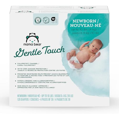 Amazon Brand - Mama Bear Gentle Touch Baby Diapers, Size 2, 184 Count (4 packs of 46), Leak Protection, Wetness Indicator, Formulated Without Fragrance