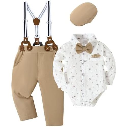 YALLET Baby Boy Outfits Suits Infant Formal Dress Clothes Gentleman Wedding Print Shirt+Beret Hat+Suspender Pants+Bowtie