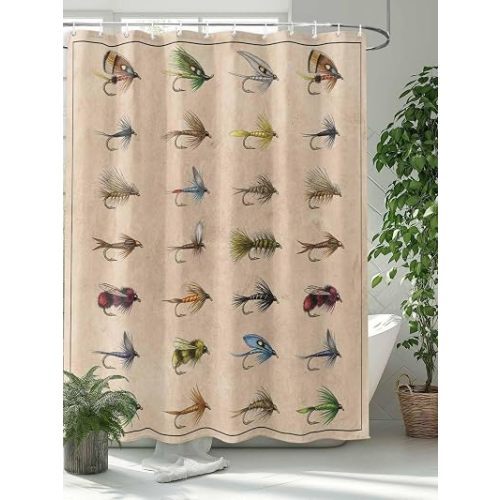 T&H XHome Vintage Shower Curtain Fly Fishing Fish Hook Biographies Shower Curtains for Bathroom Polyester Waterproof Fabric Cloth Home Bathtub Decor with Hooks 36x78 Inch