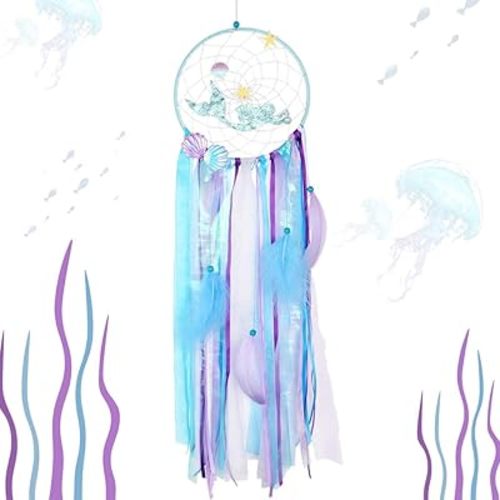 AerWo Mermaid Dream Catcher Macrame Wall Hanging Decor, Handmade Blue Mermaid Gifts for Girls, Kids Nursery Bedroom Decor, Under The Sea Mermaid Home Decor, Birthday Party Supplies,8 x 28 inches