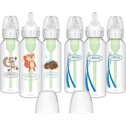 Dr. Brown’s Natural Flow® Anti-Colic Options+™ Narrow Baby Bottles 8 oz/250 mL, with Level 1 Slow Flow Nipple, 6 Pack, 0m+ Woodland Animals Gift Set