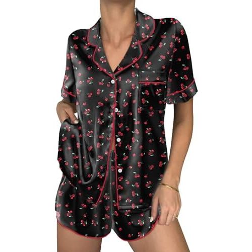 Ekouaer Women Satin Pajama Sets Cute Print Silk Pjs Shorts Sets S-4XL