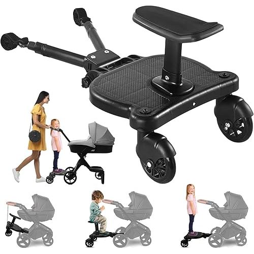 Universal Stroller Board with Detachable Seat, 2-in-1 Stroller Ride-On Board for Toddler, Fits Most Stroller Brands, Sit and Stand Stroller Attachment, Holds Up to 55 lbs for Kids Ages 3-7
