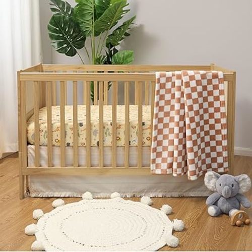 The Peanutshell Baby Crib Bedding Set for Boys or Girls - 3 Pieces - Newborn, Infant & Toddler Bed - Checkered Baby Blanket Set with Fitted Crib Sheet, Dust Ruffle - Elephant Safari Nursery Decor