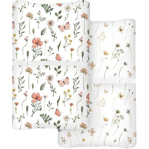 Changing Pad Cover for Baby Boys Girls 2 Pack, Fits Standard 32”×16” Changing Table Pads, Silky Breathable Stretch Knit, Machine Washable (Butterfly Garden)