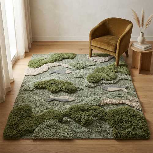 Hand Tufted Wool Rug, Moss Green Textured Nature Living Room Carpet