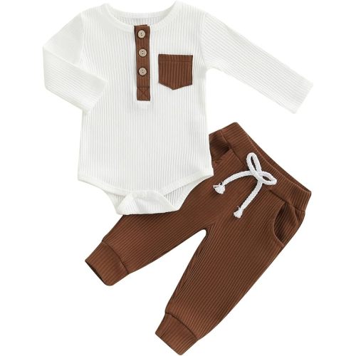 fhutpw Baby Boy Clothes 3 6 12 18 Months Ribbed Knitted Long Sleeve Romper and Pants Sets Newborn Fall Splicing Color Outfits (White&Brown, 0-3 Months)