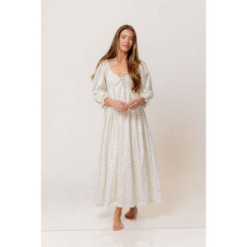 Cecilia 100% Cotton Smocked Maxi Dress in Flowery Ivory (Lined) - Bump Friendly
