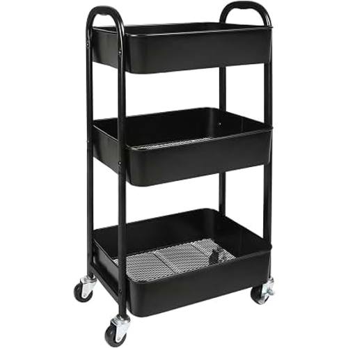Amazon.com: 3-Tier Rolling Utility Cart with Caster Wheels Easy Assembly, Black | Easy Assembly, multi-purpose storage trolley for kitchen, rolling cart with smooth caster wheels for bathroom