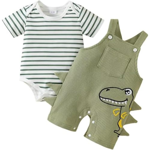 Baby Boy Clothes Infant Boys Summer Outfits Short Sleeve Striped Romper Dinosaur Overall Shorts Set 0-18 Months
