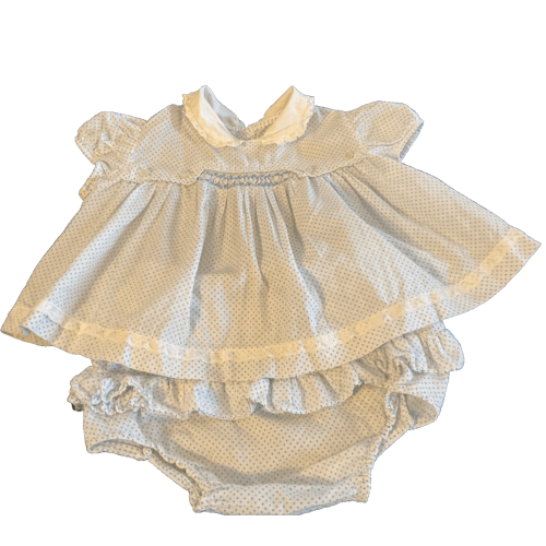 Vtg White w/Blue Pin Dot Smocked  Baby Dress w/ Ruffled Diaper Cover