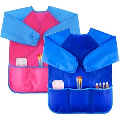 Zkptops 2 Pack Kids Art Smock Colorful Waterproof Children Art Aprons Artist Painting Aprons with Long Sleeve 3 Roomy Pockets for Age 3-7 Years Blue and Pink