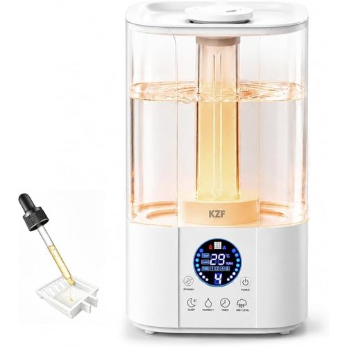 KZF Humidifiers for Bedroom, 4L Cool Mist Humidifier for Large Room, 40H Runtime, Top Fill, Sleep Mode, Oil Diffuser, 28dB Quiet, LED Display, Humidity Control, Air Humidifier for Baby Plants