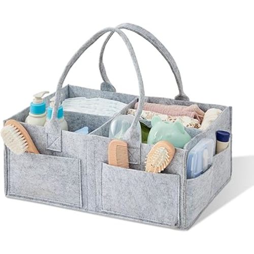 Upgraded Baby Diaper Caddy Organizer, Portable Nursery Storage Bin with Handle, Side Pockets Car Organizer for Diapers and Baby Wipes Essentials, Registry Gift Baskets (1Pcs-Large-Grey)