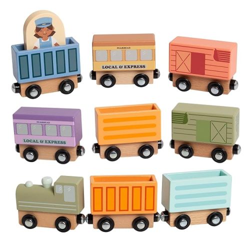 Pearhead Easter Wooden Train Set for Toddlers 2+ – 10-Piece Magnetic Montessori STEM Toy, Fine Motor Learning Train, Easter Basket Gift & Spring Present for Kids